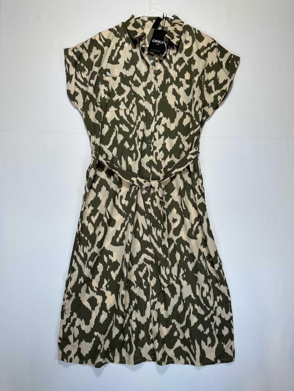 ONLY Olive Green Abstract Print Midi Shirt Dress Tie Waist Safari Earth Tone 8